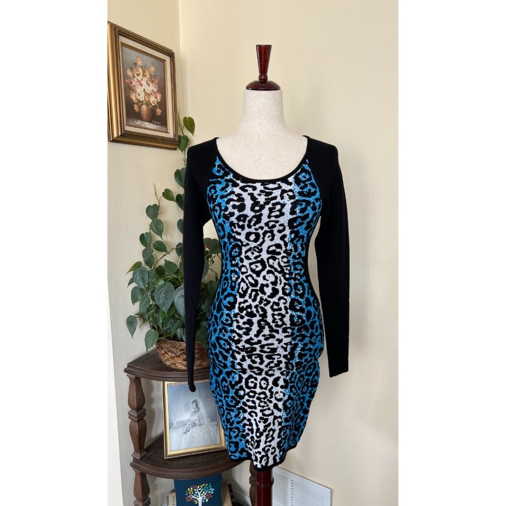 Guess Blue Black Leopard Print Bodycon Knit Dress sz M